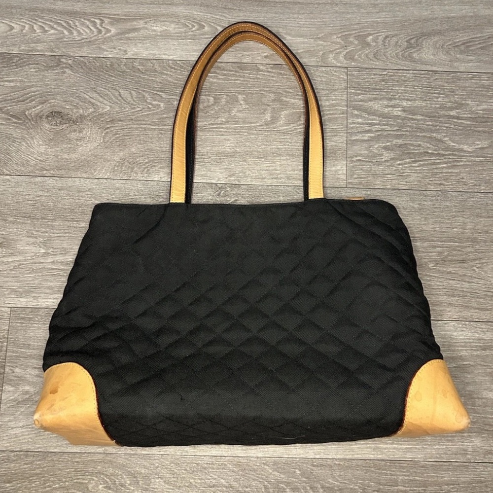 MZ Wallace Black Quilted Tote with Tan Leather Trim